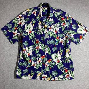 Evergreen Island Hawaiian Shirt Mens 2XL Blue Parrot Cockatoo Floral Beach BBQ